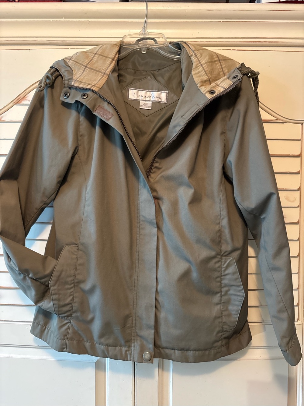 1 Madison Olive Utility Hooded Jacket with Plaid Hood Lining